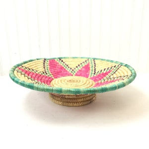 Vintage Basket, colorful basket, Pink green basket, island Decor, wicker basket, wall decor, African basket, wicker basket tray,