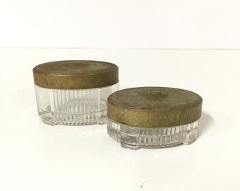 Vintage powder jar, powder tin, set, Art Deco powder jar, glass jar, make up, crystal jar, trinket box,  powder box, collectibles,