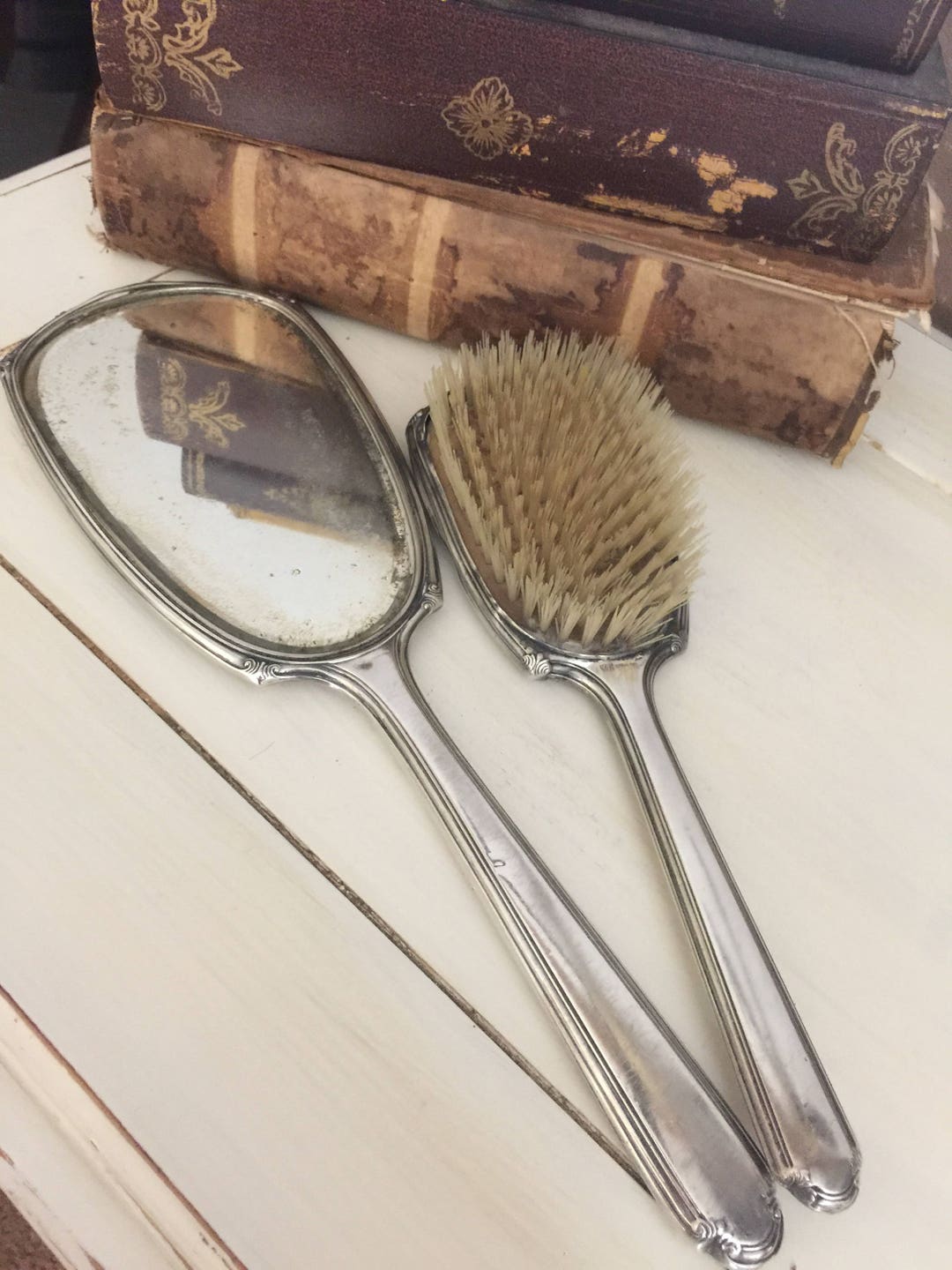 Antique Brush and Mirror Set, Hand Mirror,vintage Hairbrush, Vanity Set