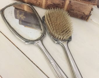 Antique brush and mirror set, hand mirror,Vintage hairbrush, vanity  set, sterling  silver  brush and mirror,monogrammed, vintage,