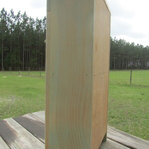 May include: A wooden cabinet with a light green and brown finish. The cabinet has a simple design with a single door and a flat top.
