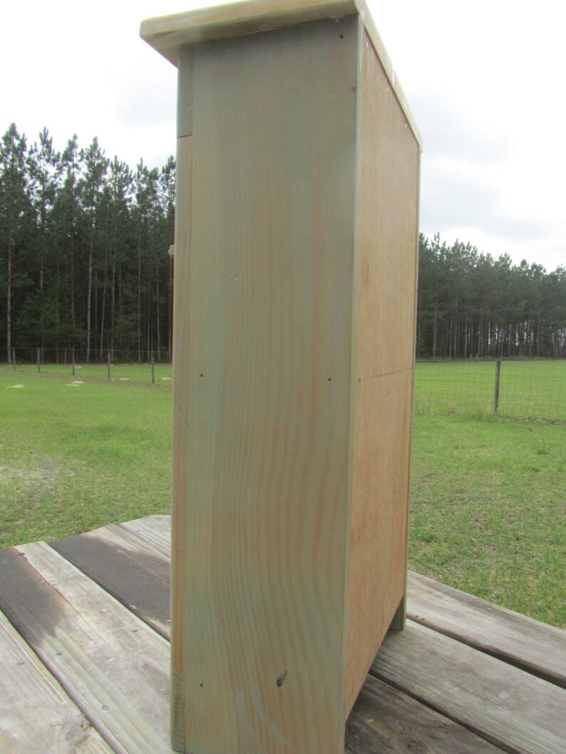 May include: A wooden cabinet with a light green and brown finish. The cabinet has a simple design with a single door and a flat top.