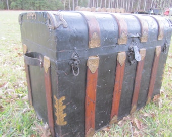 Antique Trunk, Flat Top Trunk, chest, storage box, farmhouse decor, rustic cabin decor, metal trunk with wood trim