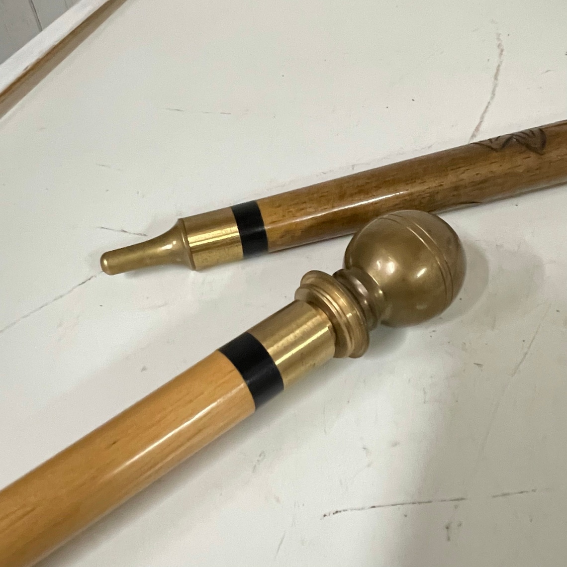 Vintage Pool Cue Walking Stick Carved Wood Pool Cue Brass Etsy