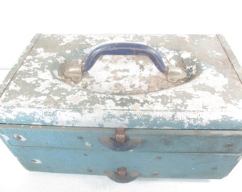 Vintage Metal Tackle Box, Blue Metal Box, Fishing Box, Tackle Box
