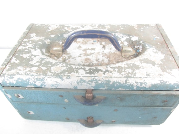Vintage Metal Tackle Box, Blue Metal Box, Fishing Box, Tackle Box
