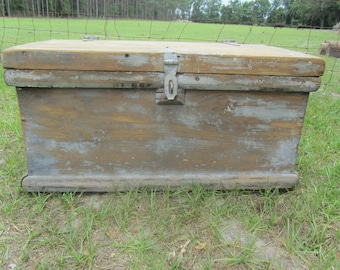 Antique wood trunk, Shabby Chic Antique Wood Box, Industrial Box, Work Box, Hand Made Toolbox, Latched Box, Storage Box, metal handles