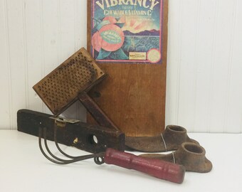 Vintage tool collection, antique caeding comb level, cobblers form, farmhouse decor, primitive tools, kitchen tool, wood masher, wood tool