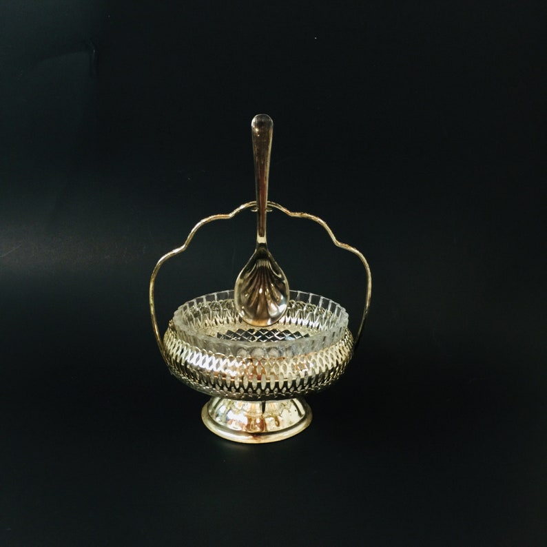 Vintage condiment dish, silver plate, retro glass, glass bowl, bowl and spoon, candy dish, serving dish, 1950 glass bild 3