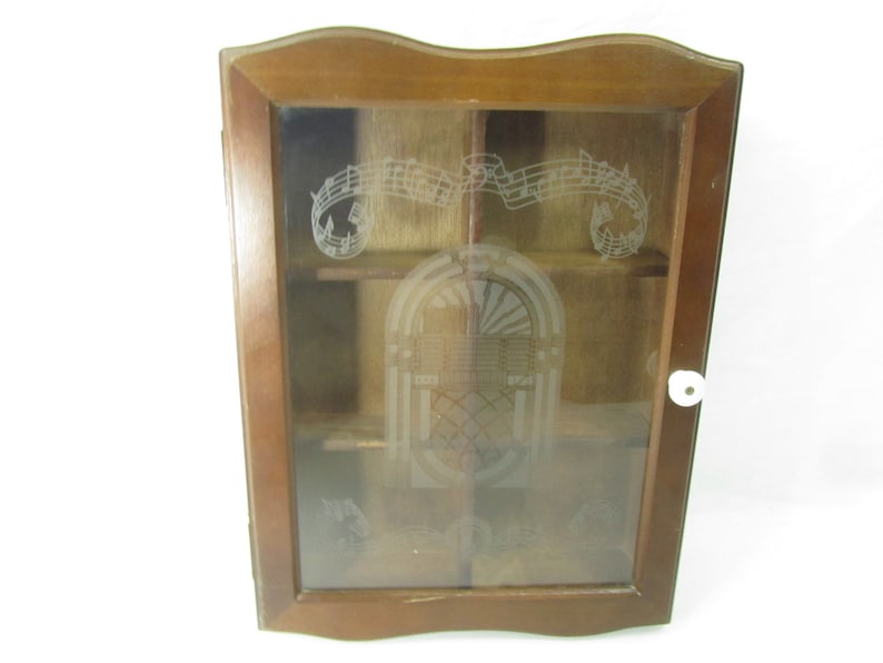 Curio Cabinet Wood Wall Glass Door Storage Furniture Shelf Etched Al Symbols Juke Box