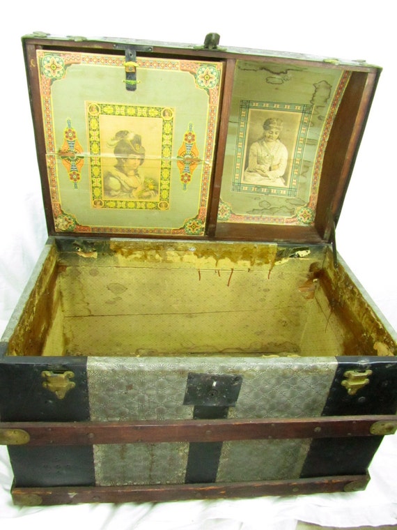 Vintage Trunkantique Steamer Trunk Round Top Trunkchest Etsy