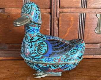 Antique cloisonné trinket box,Asian cloisonné duck,porcelain brass, antique Chinese, blue enamel, ornate metal,home decor, kitchen decor