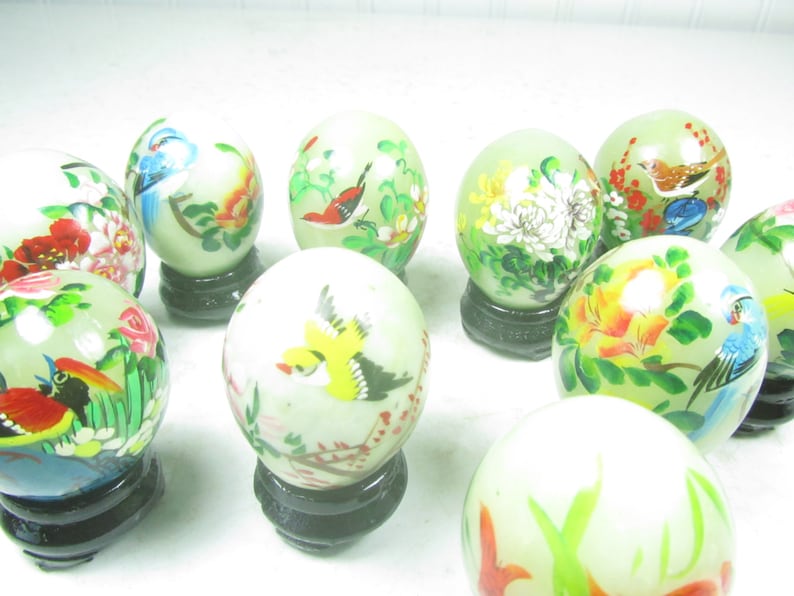 Oriental Hand Painted Eggs Stone Eggs Asian Art Japan Hand Etsy