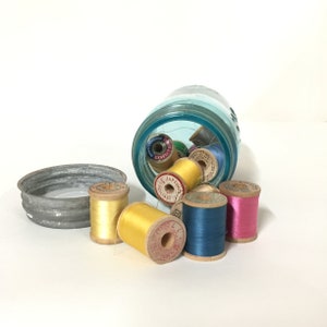 Vintage Mason Jar, Canning Jars, vintage spools, thread, sewing notions,#7 Blue Mason Jar,ball jar ,zinc lids,