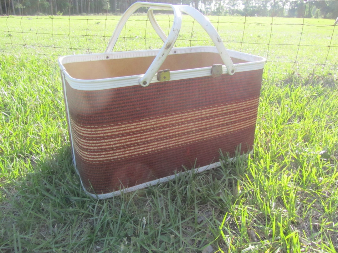 Vintage Picnic Basket, Metal Handle Basket, Red, Basket,mid Century