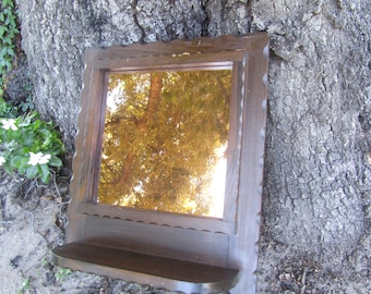 Farmhouse Mirror, Rustic Mirror, Wood mirror, Vintage Mirror With Shelf, Scalloped Edge Mirror
