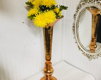 Huge glass vase, vintage glass art, gold vase,  trumpet vase, glass candle holder, amber glass, interior design decor,