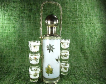 Mid Century Liquor Pump and Shot Glasses, vintage Bar ware, bar set,glasses,  shot glass decanter set,