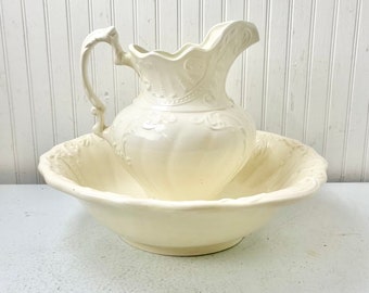 Vintage large off white pitcher and wash bowl, French water pitcher, pitcher and bowl, farmhouse kitchen, dry sink