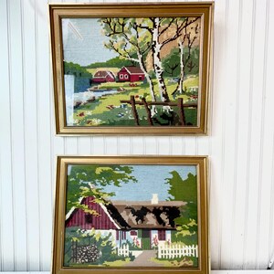 Vintage Cross Stitch, Needlepoint Picture, barn, home landscape picture, needlepoint picture framed picture, Original Art Work, folk art,