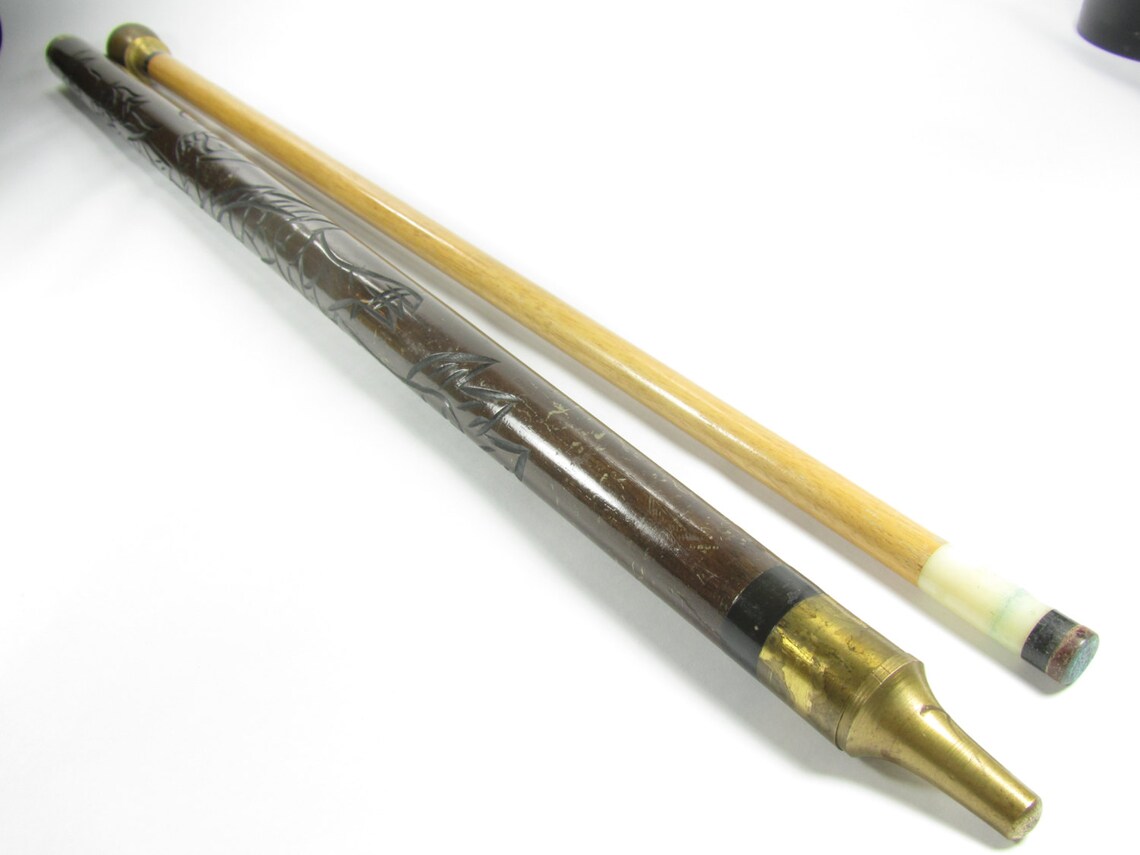 Vintage Pool Cue Walking Stick Carved Wood Pool Cue Brass Etsy