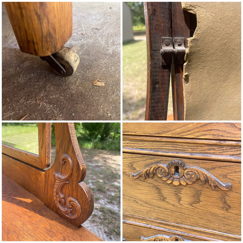 May include: Antique wooden vanity with a beveled mirror, carved details, and a drawer with a keyhole. The vanity has a distressed finish and shows signs of age.