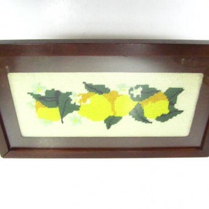 Vintage tray, wood tray, cross stitch, needlepoint, picture, lemons, home decor, serving tray, wall hanging,