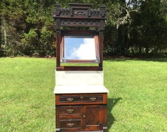 ANTIQUE Dry Sink, East Lake, Victorian, Beveled Mirror, marble top, furniture, wash stand, commode, laundry room, Primitive, farmhouse decor