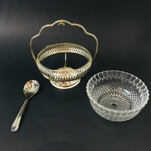 Vintage condiment dish, silver plate, retro glass, glass bowl, bowl and spoon, candy dish, serving dish, 1950 glass bild 5