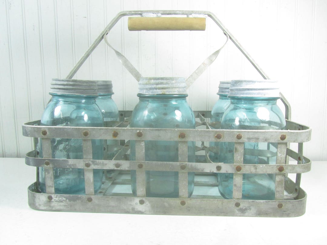 Vintage metal milk crate, Mason Jars, Zinc Lids, metal crate, Dairy