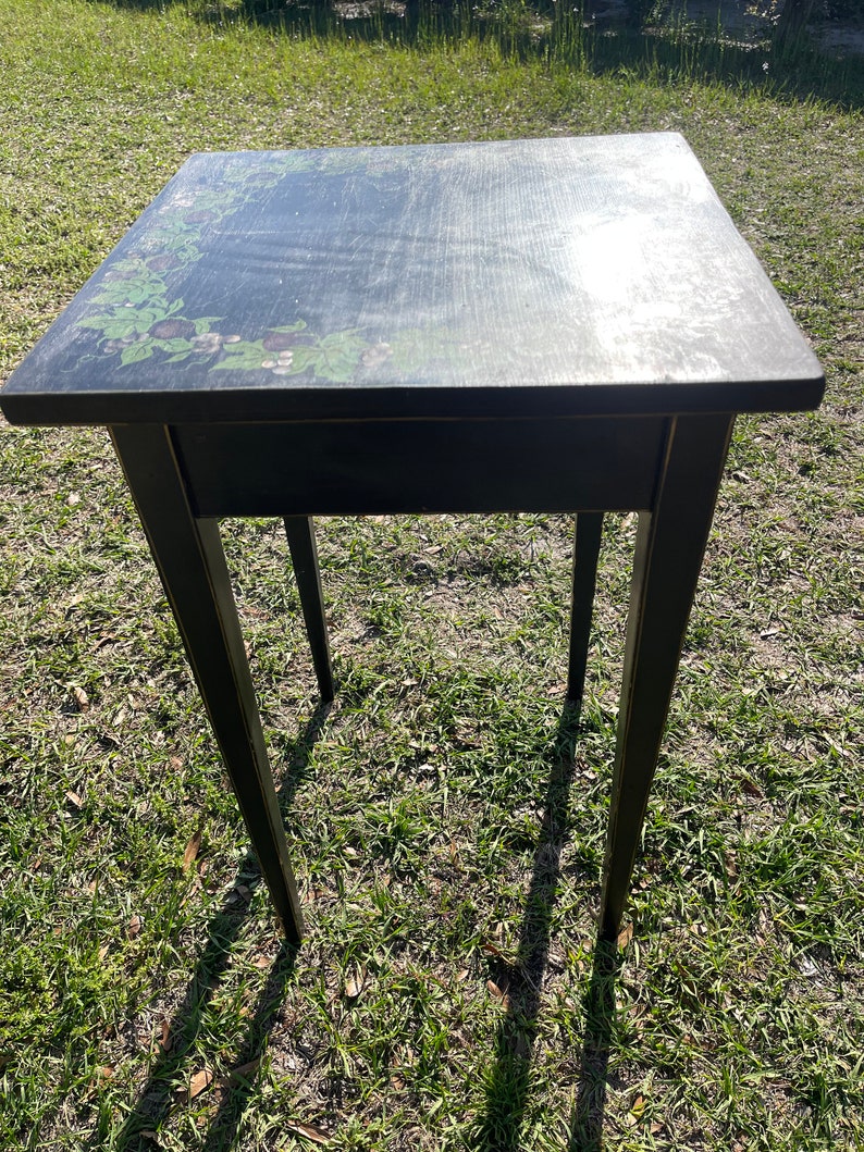 Hitchcock Side table, tole table, antique table, black accent table, nightstand, vintage end table, furniture, shabby chic decor, image 9