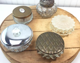 Vintage powder jar, powder tin, set, Victorian powder jar, make up, crystal jar, powder box, collectibles, vanity, powder container,