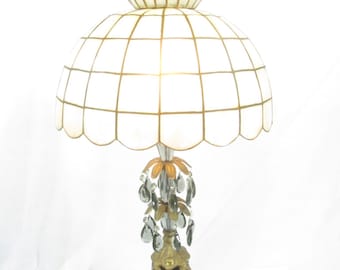Vintage lamp with hanging crystals,capiz shell shade,cherub lamps,Victorian lamp,, French lamp,art nouveau lamp.