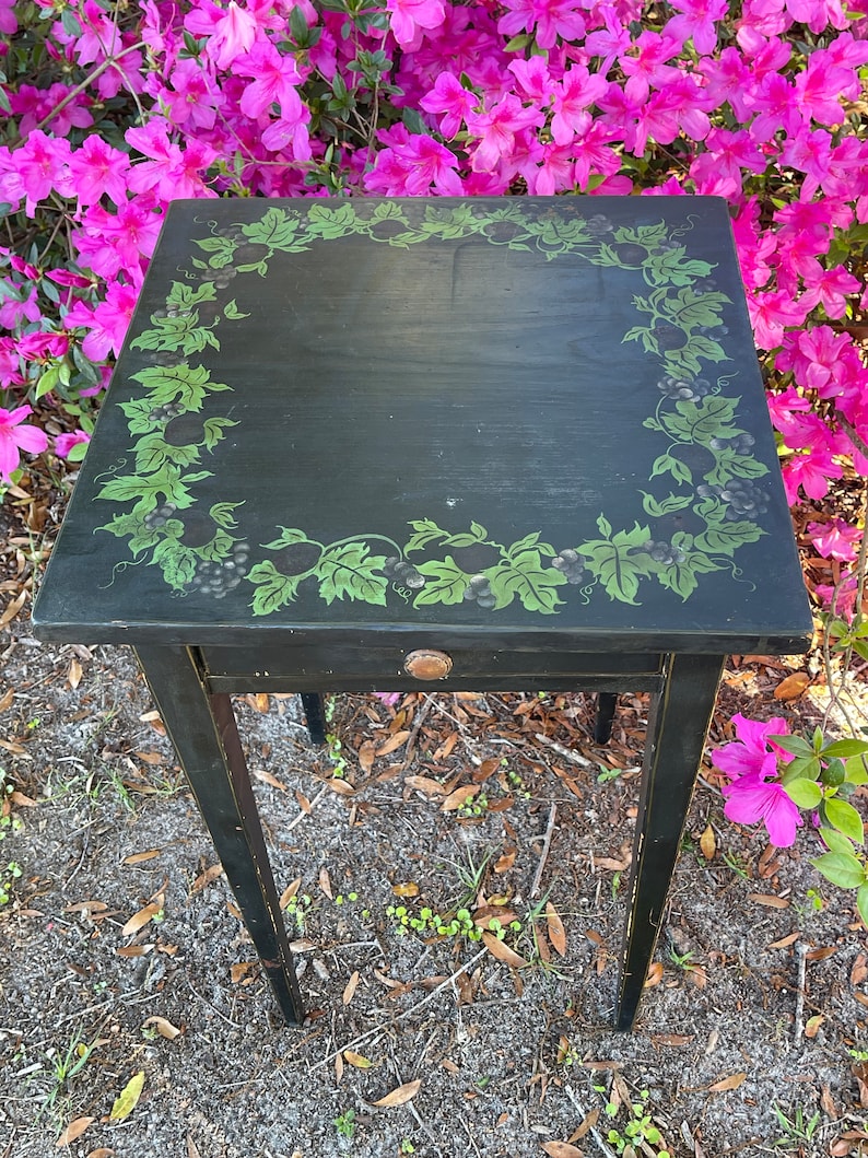 Hitchcock Side table, tole table, antique table, black accent table, nightstand, vintage end table, furniture, shabby chic decor, image 3