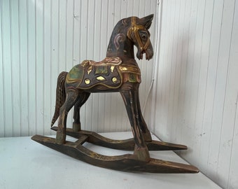 Wood Rocking horse, farmhouse decor, vintage horse, polychrome horse,Childs toy horse, collectibles , equestrian Decor, ornate wood horse,