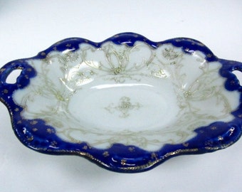 COBALT BLUE DISH, ceramic dish, porcelain dish, blue pottery, vintage, collectible, candy dish, silver dish