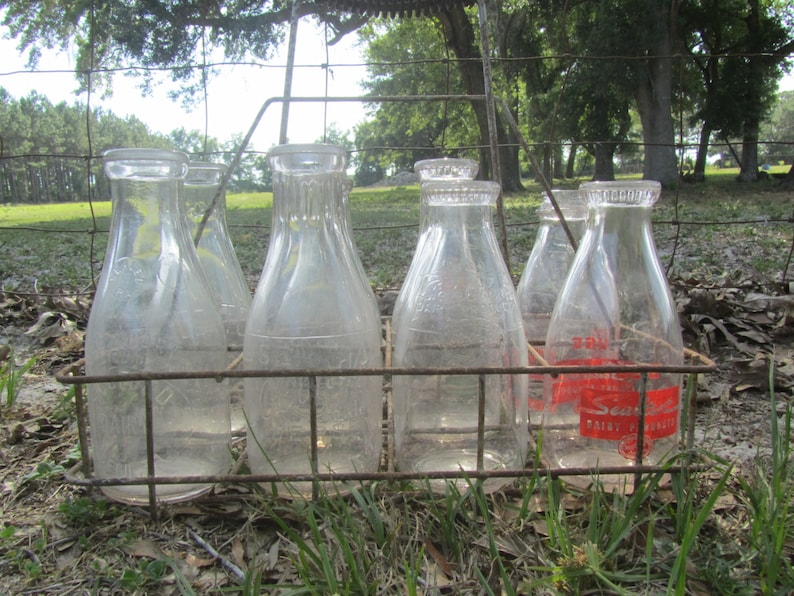 Vintage milk bottles milk crate metal crate Dairy Bottles Etsy