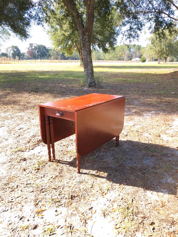 Antique Drop Leaf Table Silverware Drawers Wood Furniture
