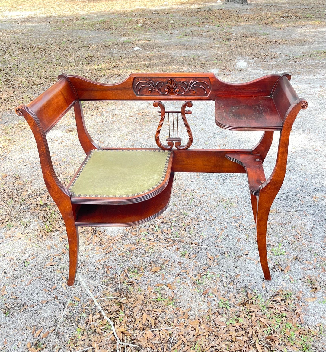 Vintage Phone Table, Gossip Bench, Duncan Phyfe Writing Desk, Harp