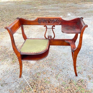 Vintage Phone Table, Gossip Bench, Duncan Phyfe Writing Desk, Harp