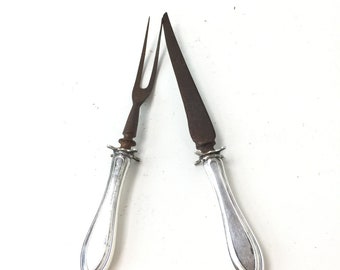 Vintage silver carving set,old  silverware, serving set, rusty blade, dinnerware, knife, fork,craft supply, vintage rustic decor
