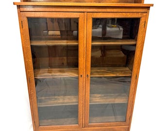 Antique Cabinet with glass front doors, locking doors with key, furniture, adjustable shelf’s, curio cabinet, wood shelves, farmhouse style,