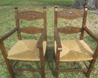 Antique Wood Chairs, Furniture, primitive, Rush seat, Wood Chair, Side Chair, ladder back, hand carved