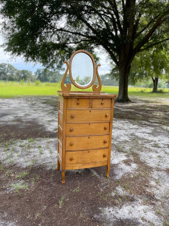 Antique  Dresser, Birdseye maple, Chest Of Drawers with Mirror, Furniture, farmhouse decor, bedroom decor, six drawer dresser, bow front