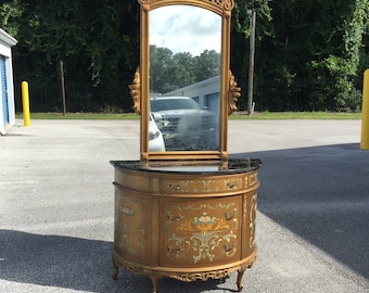 entryway table with mirror, half moon table, chest,tole cabinet, Louis XV commode, Antique marble top table, large mirror, painted furniture