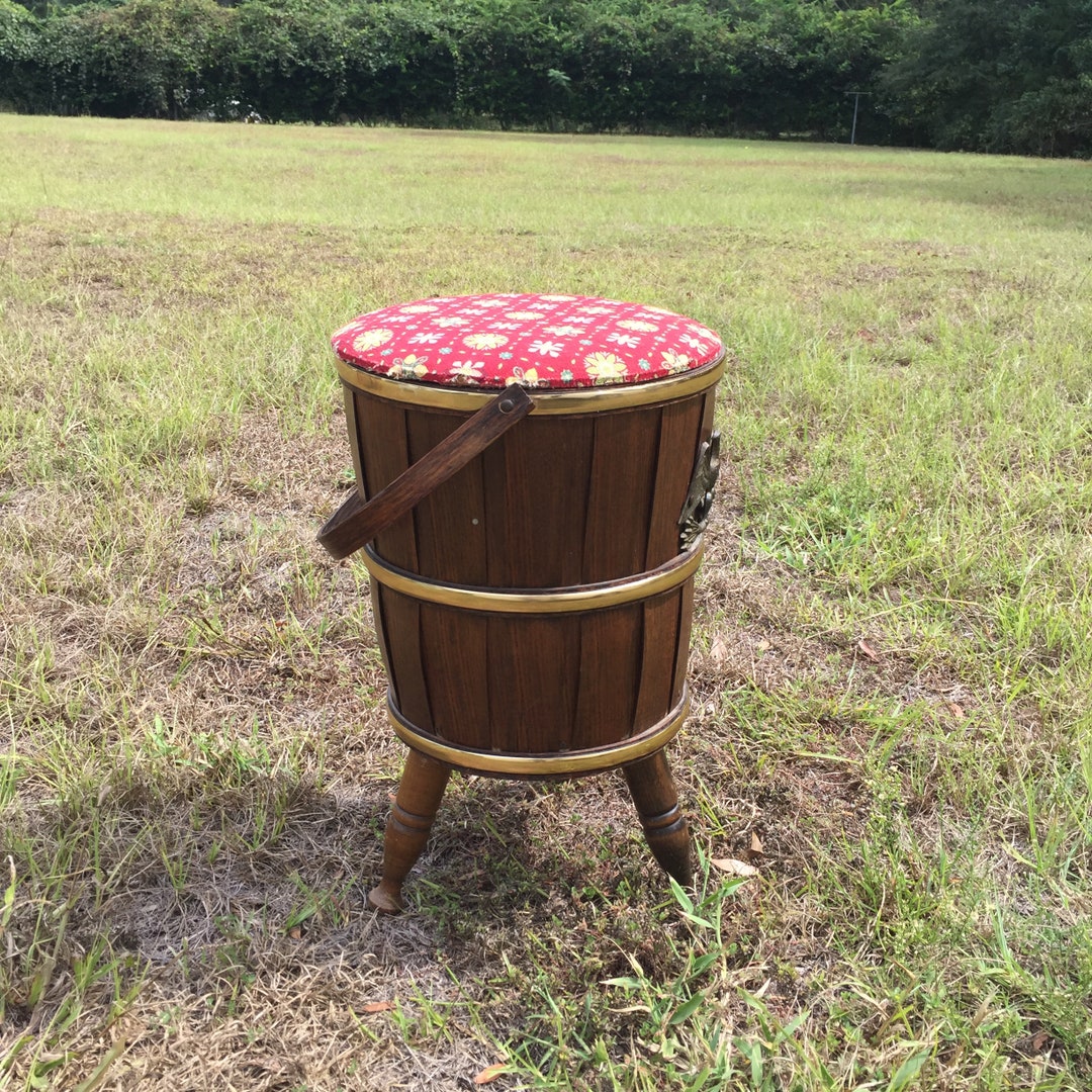 Vintage Sewing Bucket, Wood Bucket, Sewing Basket, Mid Century Decor