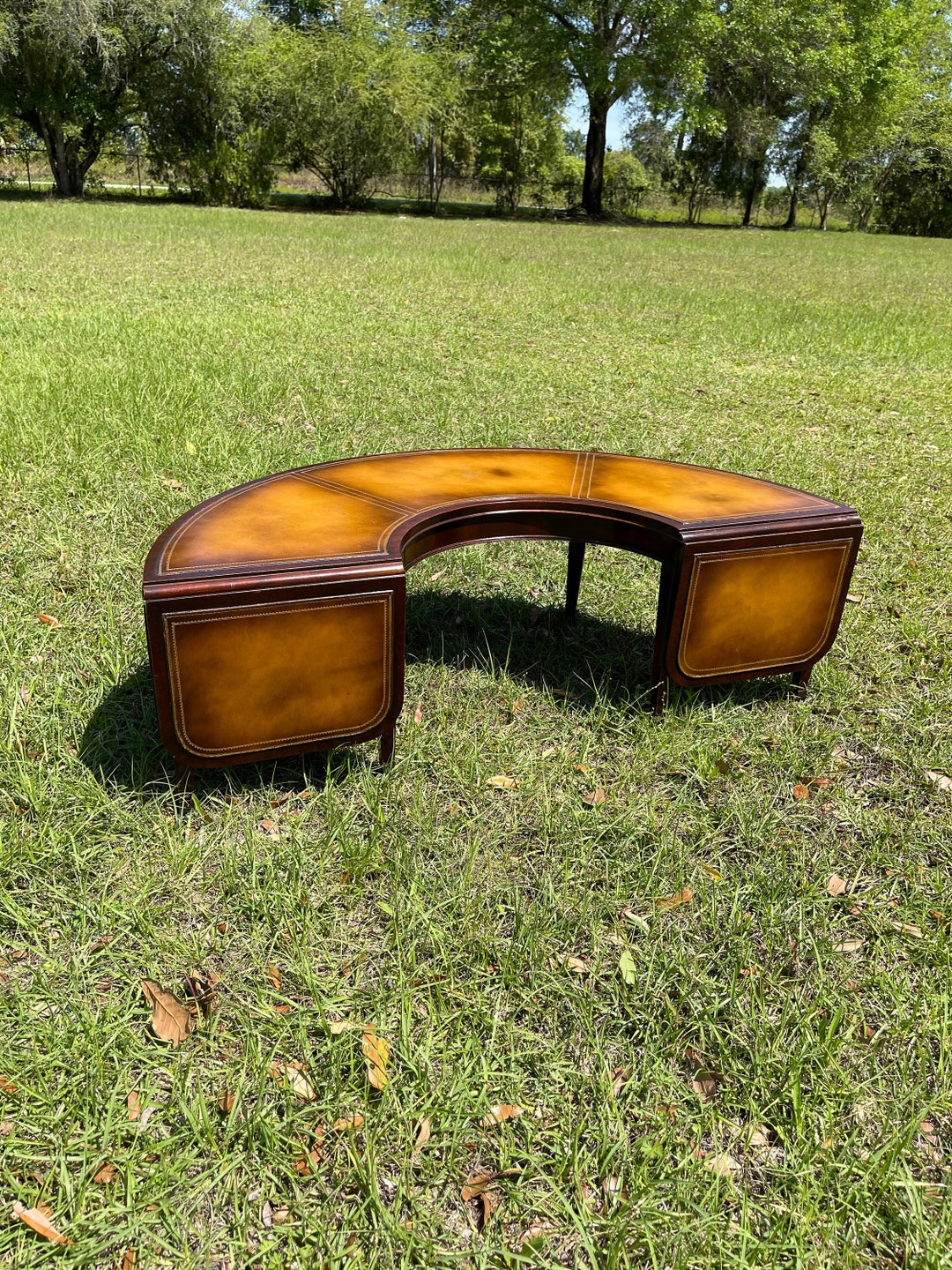 Stickley Coffee Table, Leather Top Coffee Table, Unique Vintage Cofee Table, U Shape Half Moon