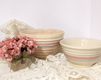 vintage batter bowls,  mixing bowl, farmhouse kitchen, pottery, striped bowl, French kitchen decor, crock,stoneware, pottery,pink, ,