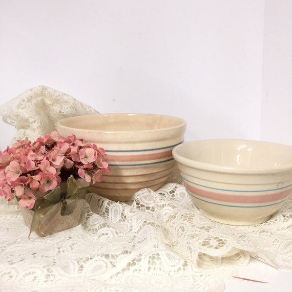 Vintage Batter Bowls, Mixing Bowl, Farmhouse Kitchen, Pottery, Striped Bowl,  French Kitchen Decor, Crock,stoneware, Pottery,pink, , 