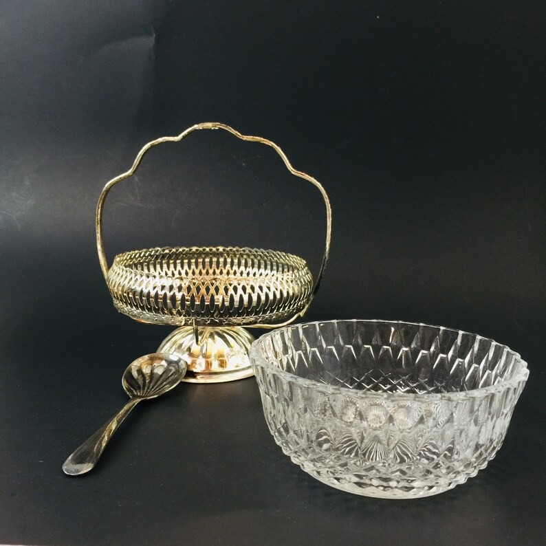 Vintage condiment dish, silver plate, retro glass, glass bowl, bowl and spoon, candy dish, serving dish, 1950 glass bild 9